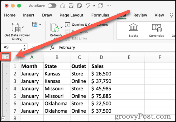 Dispositionsnivåknappar i Excel