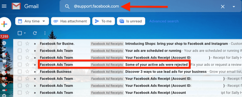 exempel på ett gmail-filter för @ support.facebook.com för att isolera alla e-postmeddelanden från facebook