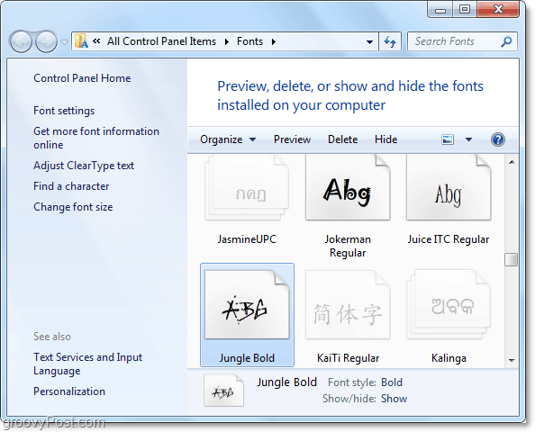 en översikt över kontrollpanelen för Windows 7-typsnitt