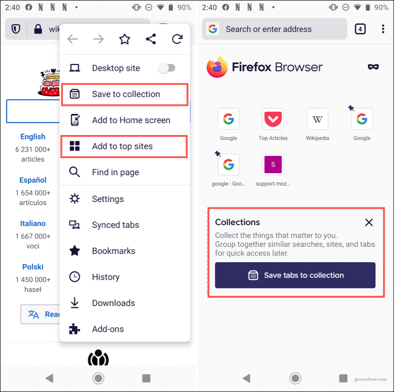 Firefox hemsida på Android