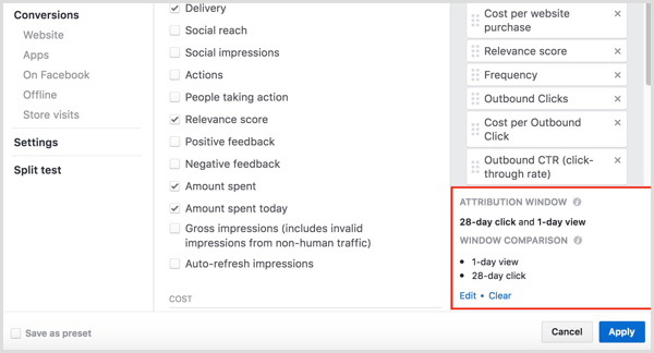 Facebook Ads Manager anpassar kolumner klicka och visa konverteringar
