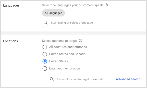 Inställningar för språk och platser för Google AdWords-kampanj.