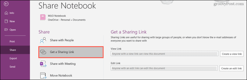 Få en delningslänk i OneNote -skrivbordet