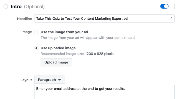 Rubrik-, bild- och layoutalternativ för en Facebook-annonskampanj.