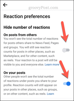Ställ in Facebook-reaktionsinställningar på mobilen