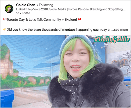 Detta är en skärmdump av en LinkedIn-video där Goldie Chan dokumenterar sina resor. Texten ovanför videon säger ”Toronto Day 1: Let