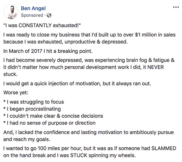Hur man skriver och strukturerar längre form textbaserade Facebook-sponsrade inlägg, steg 1, exempel på en historia om Ben Angel