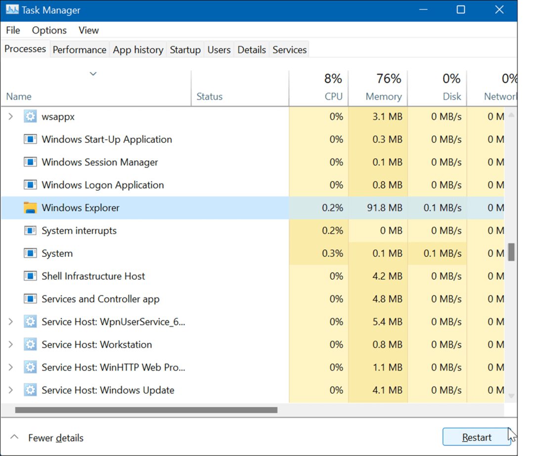 Starta om Windows Explorer återställ aktivitetsfältsinställningarna i Windows 11