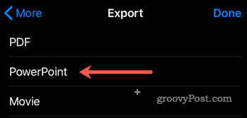 Exportera från Keynote till PowerPoint på iOS
