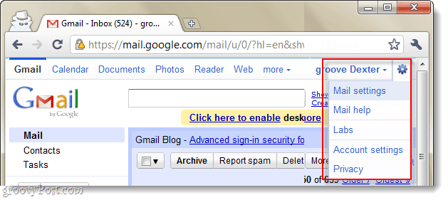 Gmail-inställningar i rullgardinsmenyn