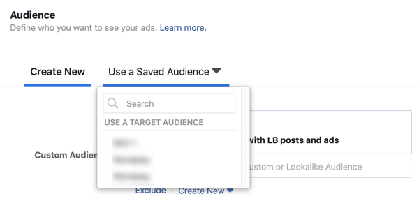 Möjlighet att använda en sparad målgrupp för en Facebook-annonskampanj.