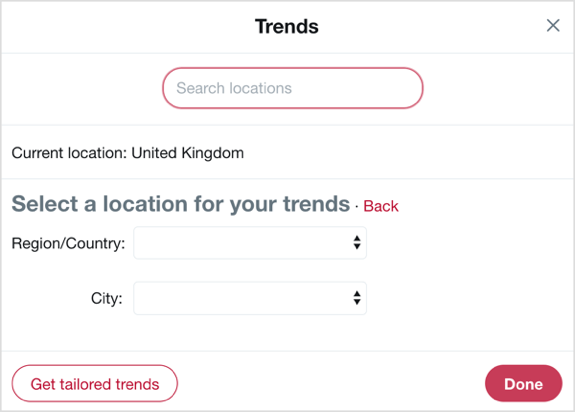 Välj land och stad du vill fokusera på med Twitter-trender.