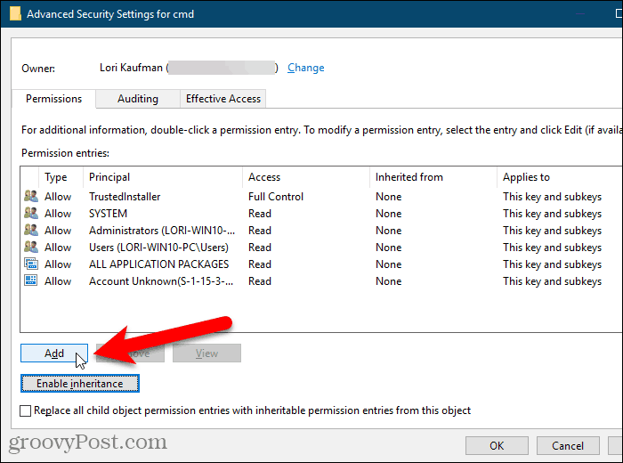 Klicka på Lägg till i dialogrutan Avancerade säkerhetsinställningar i Windows-registret