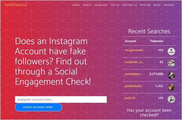 Sök efter falska Instagram-följare med FakeCheck.co.