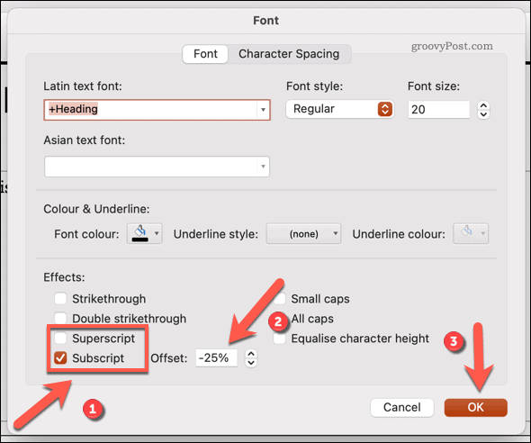 Ändra teckensnitt till prenumeration eller superscript i Powerpoint på Mac