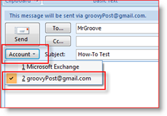 Välj Skicka konto i Outlook 2007