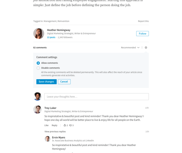 LinkedIn utökade förläggarnas möjlighet att direkt hantera kommentarerna på deras långformiga artiklar.
