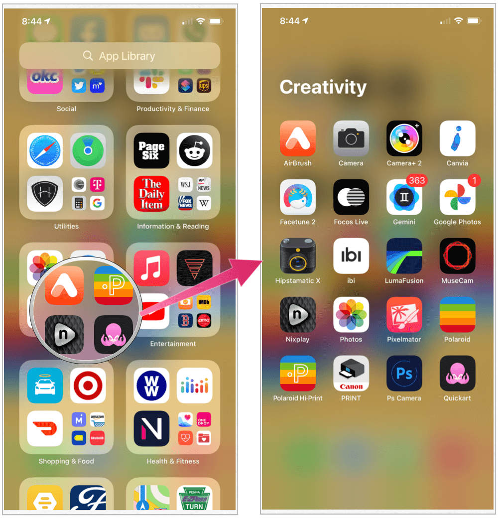 Exempel på iPhone-appbibliotek