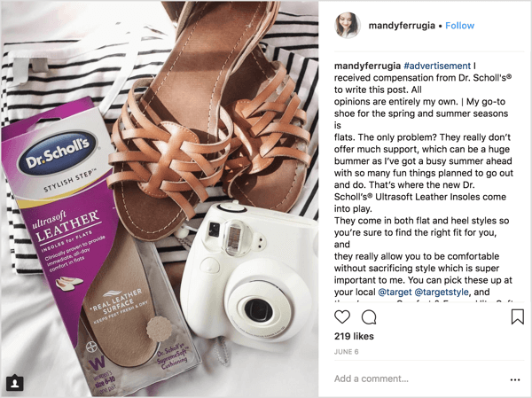 Mandy Ferrugia, en Instagram-influencer för skönhet och livsstil, hjälpte till att marknadsföra Dr Scholls sulor för lägenheter i detta sponsrade inlägg.
