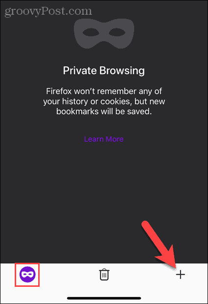 Tryck på Ny flikknapp i privat surfläge i Firefox på iOS