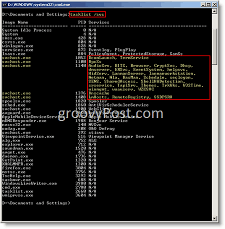 Windows-kommando Windows Prompt svchost.exe tasklist / svc