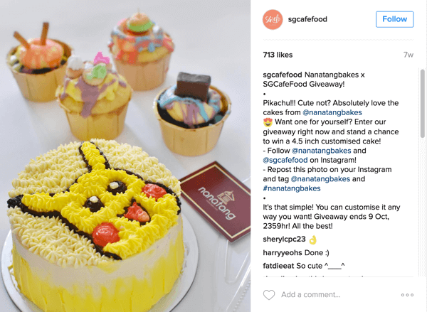 Singapores Café Food främjade Nanatang Bakes giveaway genom deras Instagram-konto.