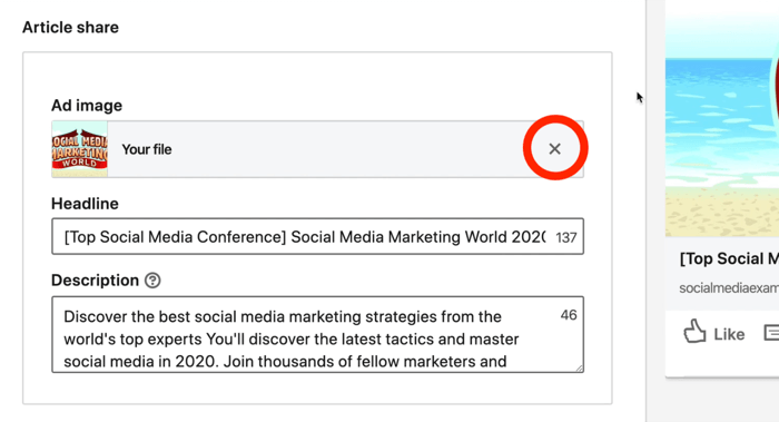 skärmdump av X-knappen kretsade i rött bredvid LinkedIn-annonsbilden under installationen