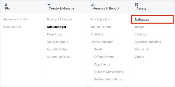 Öppna målgruppens instrumentpanel i Facebook Ads Manager.