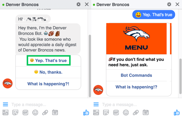 Denver Broncos chatbot uppmanar användare att registrera sig för sin dagliga sammandrag.