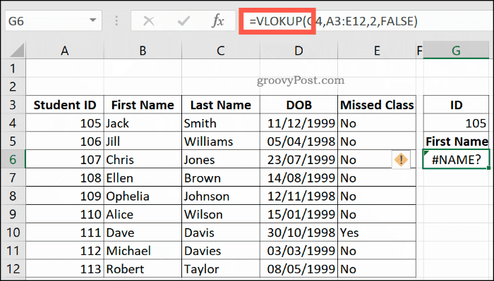 En felstavad VLOOKUP-formel i Excel som returnerar ett NAME-fel