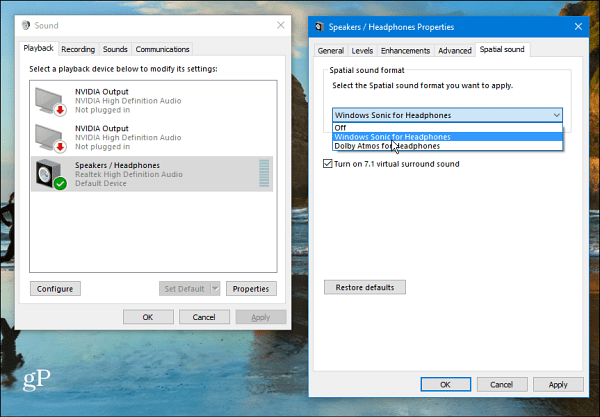 Inställning av rymdljud för Windows 10