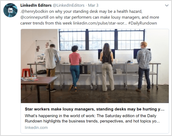 En tweet med dagliga artiklar från LinkedIn Editors Twitter-flöde