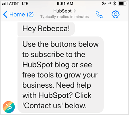 HubSpots välkomstmeddelande chatbot låter dig kontakta en människa.