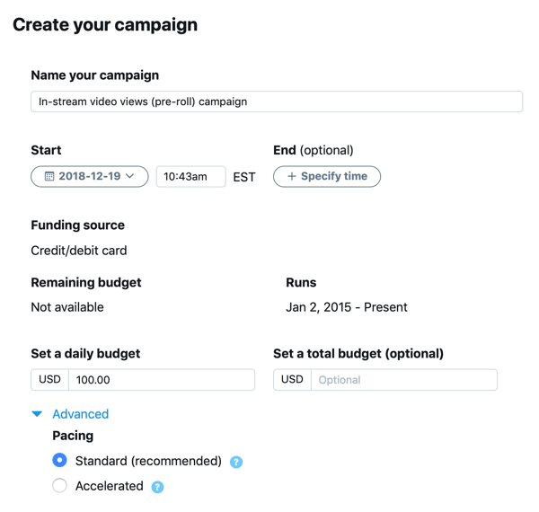 Exempel på kampanjinställningar för din InStream-videovy (pre-roll) Twitter-annons.