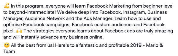 Så här skriver och strukturerar du längre textbaserade Facebook-sponsrade inlägg, steg 6, exempel på programfunktioner av Damn Good Academy av Mario