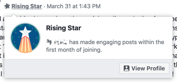 Hur man använder Facebook Groups-funktioner, exempel på Rising Star-gruppmärke