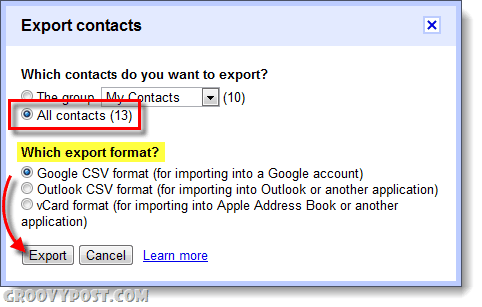 exportera Google Apps gmail kontakter typ