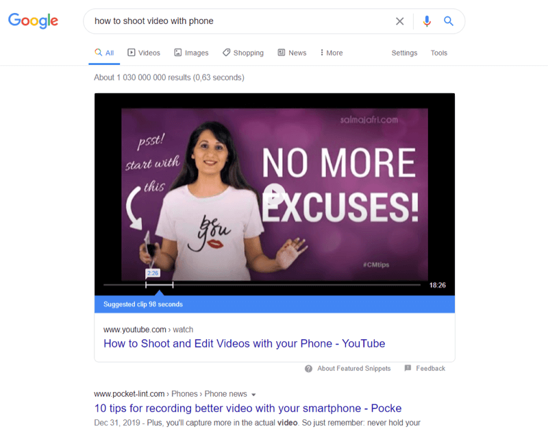 exempel på topp youtube-video i Googles sökresultat för "hur man tar video med telefon" med ett föreslaget klipp på 98 sekunder för att bäst uppfylla sökfrågan