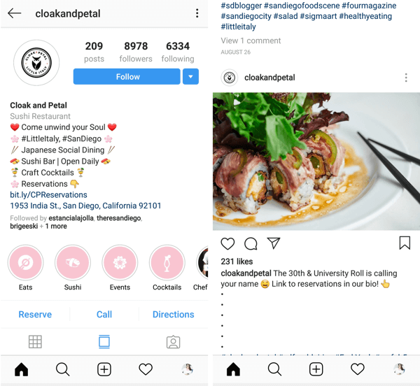 Instagram-inlägg med uppmaning till åtgärdsknapp klicka på @cloakandpetal.