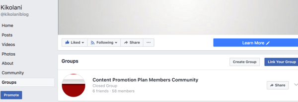 Din länkade grupp visas på fliken Grupper på din Facebook-sida.