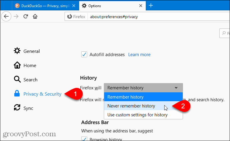 Välj Aldrig komma ihåg historia i Firefox