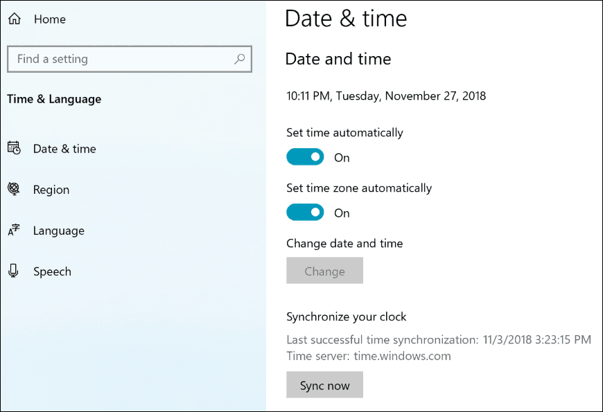 Windows 10 19H1 Sync Clock Settings