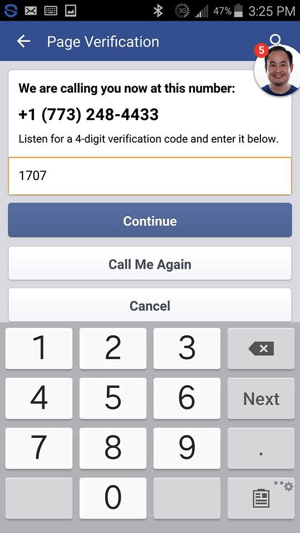 Ange verifieringskoden du fick från Facebook och tryck på Fortsätt.
