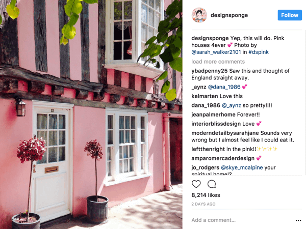 DesignSponge uppmuntrar Instagram-följare att bidra med foton baserat på en ständigt föränderlig hashtag som definierar ett tema.