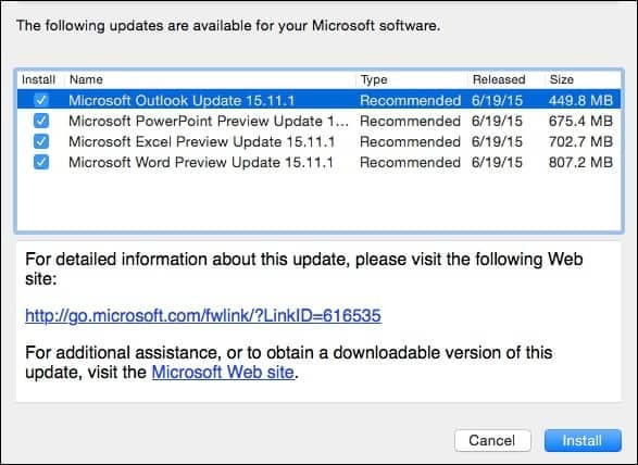 Microsoft Office 2016 för Mac Förhandsvisningsuppdatering KB3074179