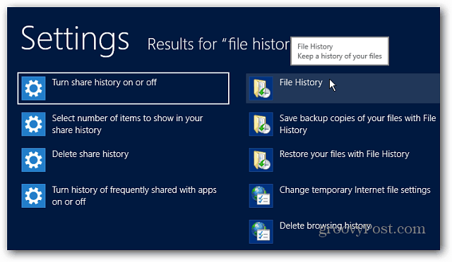 Inställningar för filhistorik Sök i Windows 8