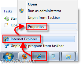 hur man kommer till genvägsegenskaperna för fästade aktivitetsfältshorctuts i Windows 7