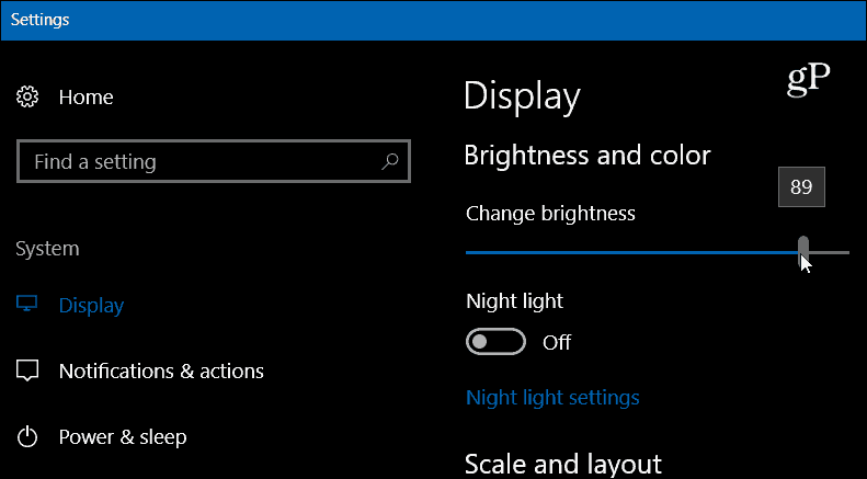 Windows 10-inställningar visar ljusstyrka