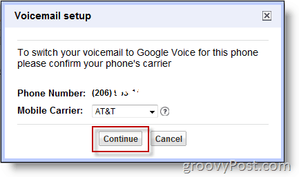 Skärmdump - Aktivera Google Voice på icke-Google-nummer