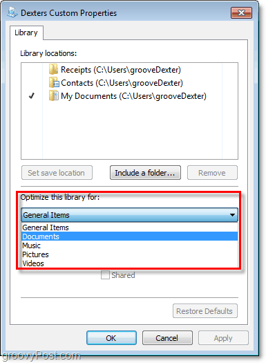 Justera ytterligare egenskaper för bibliotek i Windows 7